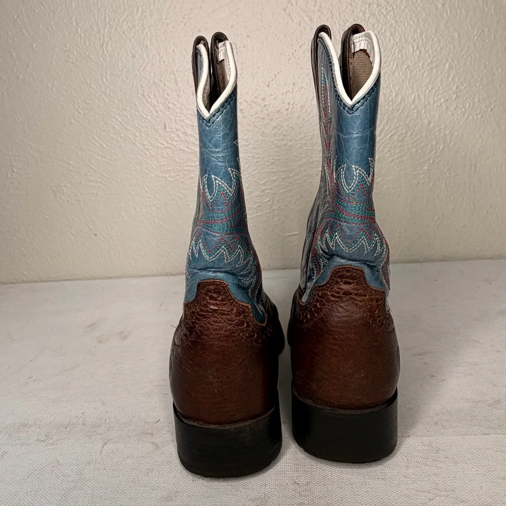 Ariat western brown boot with blue embroidered shaft